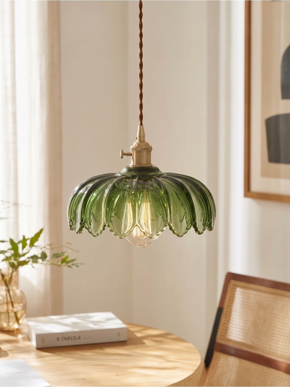 NEW West Elm Vintage Green Retro Glass Hanging Gold Floral Pendant Light Fixture